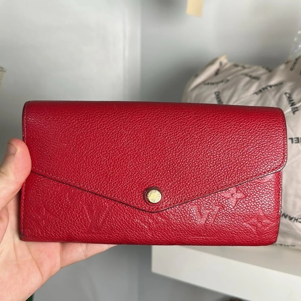 LV Red Leather Long Wallet initials M.P